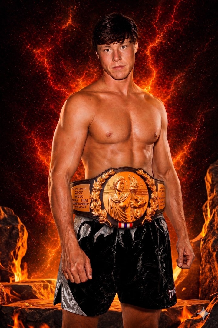 Edgar Igor Tsissar wearing the 2007 WCSC California Muay Thai championship belt